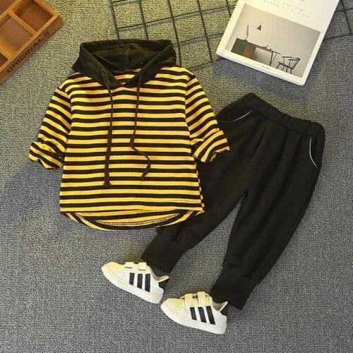ZWF480 Boys Girls Autumn Clothing Suit 2020 New Casual Boys Girls Striped Hooded Sweatshirt+Sports Pants 2Pcs Outfits Set