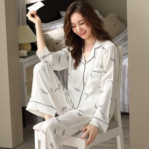 2021 New Spring Ice Silk Satin Pajamas Sets for Women 2 Pcs Letter Pyjamas Suit Imitation Silk Sleepwear Home Clothes Pijamas