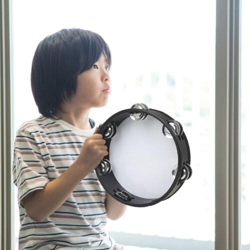 8 inch Double Row Tambourine Wooden Radiant Hand Drum with Double Row Jingles Reflective Drums Head Percussion Instrument Toy