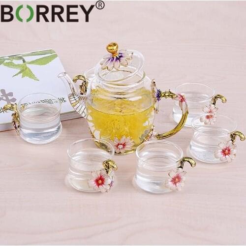 BORREY Enamel Crystal Flower Glass Teapot Coffee Pot Cup Set Glass Kettle Cups Heat Resistant Glass Teapot Kung Fu Tea Set Gift
