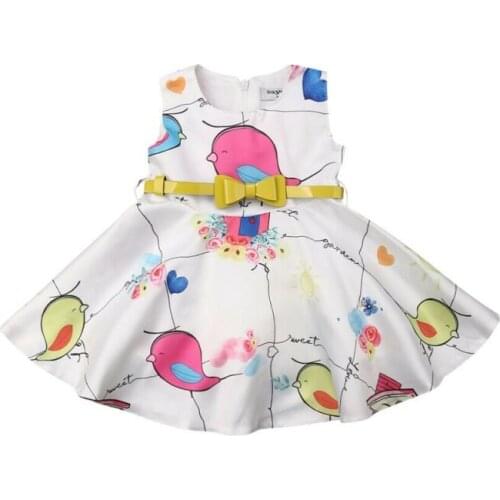 Kids Baby Girls Bird Dress Formal Sleeveless O-Neck Party Pageant Princess Dress Girls High Waist Sundress with Bow Belt 1-5T