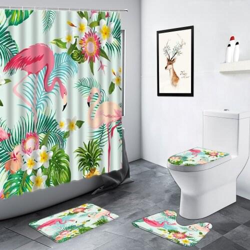 Green Tropical Plants Flamingo Design Shower Curtain and Hooks Bathroom Decor Non-slip Rug Bath Mat Toilet Kitchen Floor Carpet
