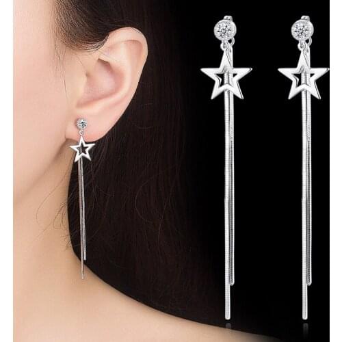 Elegant Long Box Chain Tassel Drop Earrings Hollow Pentagram Star Shiny Crystal Charming Dangle Earring Jewelry For Women Gifts