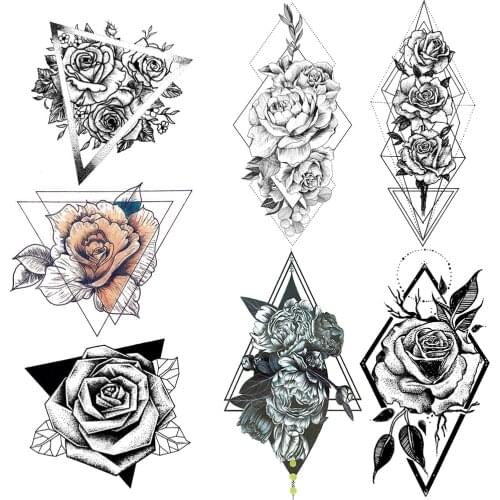 Geometric Temporary Tattoos For Women Girls PeonyFlower Rose Lily Tattoo Triangle Waterproof Big Body leg Fake Tatoo Creative