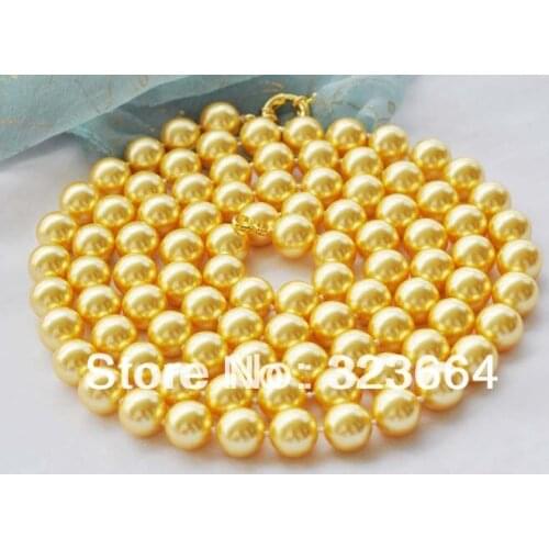 Hot Sell! 50" 12mm golden round SOUTH SEA SHELL PEARL NECKLACE