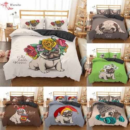 Homesky Puppy Pug Bedding Set 2/3 pcs 2020 Cute Pug Dog Duvet Cover Lovely Pattern Quilt Cover and Pillowcase Bed Linen