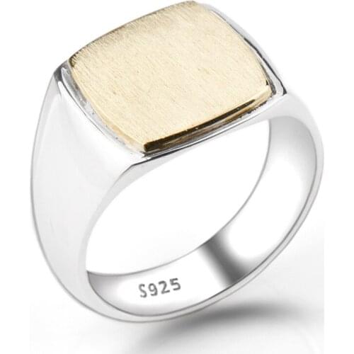 S925 sterling silver golden smooth ring personality trendy wide face European and American square ring mens gentleman temperame