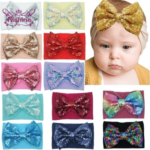 Nishine 5 Inches Glitter Sequins Bows Toddler Hairband Comfortable Soft Elastic Nylon Headband Kid Accessories Photography Props