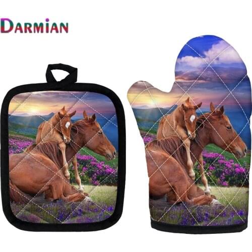 DARMIAN New Crazy Horse 3D Animal Pattern Microwave Oven Cooking Gloves Oven Mitts and Potholders 2Pcs/set Home Decor Kitchen