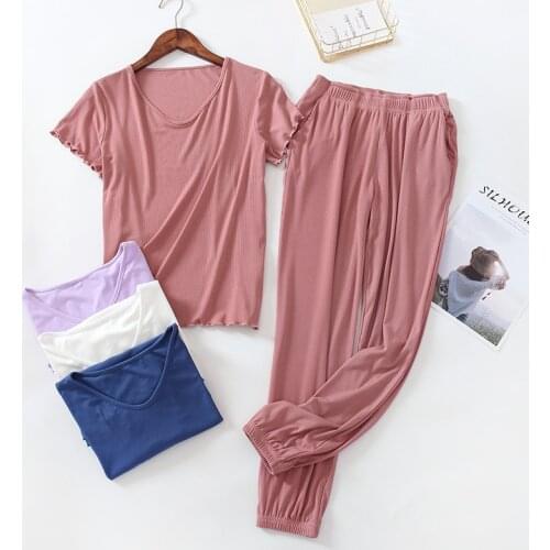 Plus Size Black Gray Pink Homewear For Women Modal Cotton Pajamas Set Fashion Ruffles Thin Summer Ladies Sleepwear Pajama Femme