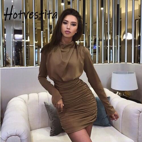 Hotvestita 2021 Spring Autumn Solid Turtleneck Long Sleeve Corset Dress Bodycon Ruched Slim Mini Dress High Waist Elegant Ladies