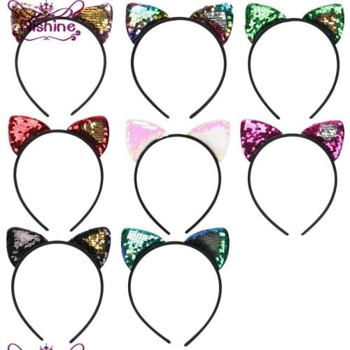 Nishine 8 Colors Flip Sequin Cat Ears Headband Girls Hair Band Buckle Party Head Wear Birthday Gift Photography Props