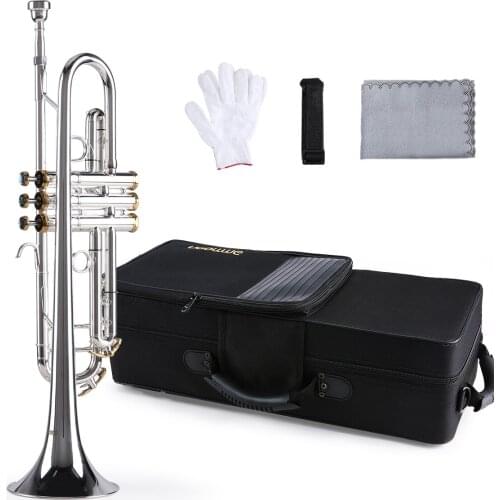 Ammoon Prefessional Bb Trumpet Brass Material Silver-Plated Surface Buttons Wind Instrument with 5C Mouthpiece Bag Gloves