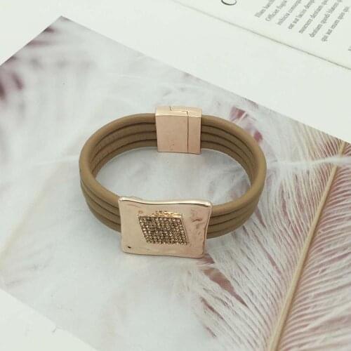 Simple Designer Geometry Rhinestone Bracelet Magnetic Button Leather Rope Charm Cuff Bangle For Women 3 Colors
