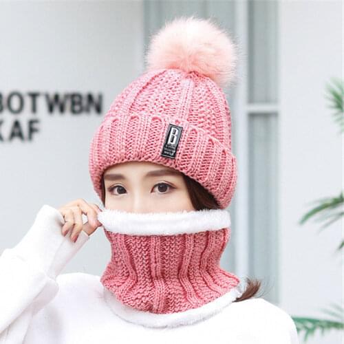 Women Thick Cable Knit Hat Scarf Female Beanies Plush Hat And Ring Scarf 2020 Winter Warm Woman Lady Pom Pom Cap Scarves Pink