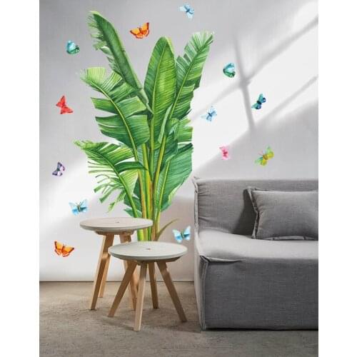 Green Plant Wall Stickers Tropical Banana Living Room Bedroom Decoration Aesthetic Butterflies Wallstickers Pegatinas De Pared