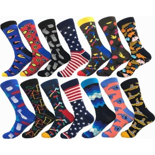 Cartoon Bird Leaf Geometry Striped Star Jacquard Cotton Sock Happy Funny Men Harajuku Hip Hop Street Skate Black Socks Autumn