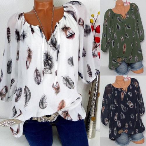 Plus Size 2019 Women Casual Floral Print Chiffon Off Shoulder Half Sleeve V-neck Tunic Blouse Shirts Feather
