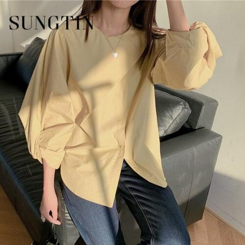 Sungtin Chic Patchwork Solid O Neck Oversize Blouses Women Korean Fashion Lantern Sleeve Shirt Vintage Buttons Camisas De Mujer