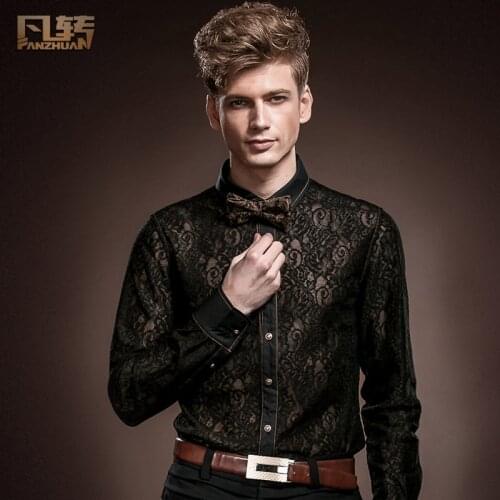 FANZHUAN Free Shipping New male Mens Court Sexy Black Lace Wedding Banquet Nightclub Dress Perspective long sleeved shirt 14225