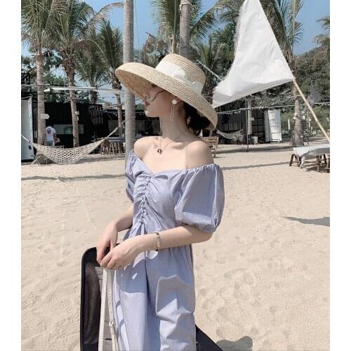 Summer 2021 super beautiful French retro one-neck V-neck strapless high waist mid-length dress vacation girl