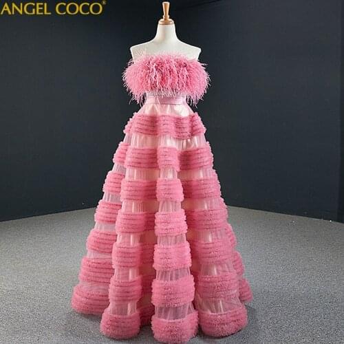 Pink Romantic Feather Formal Evening Dresses Long Women Strapless Empire Tulle Prom Dresses 2020 Evening Gown Party Vestidos