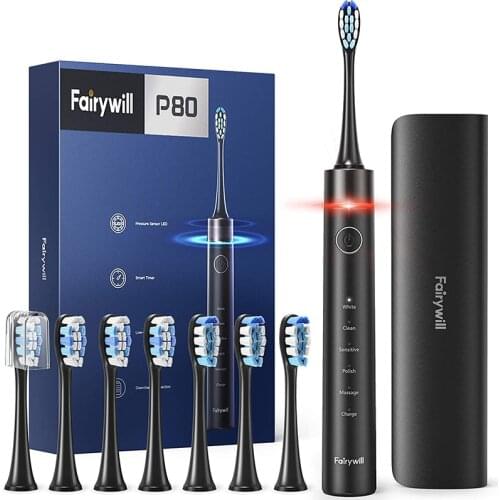 Fairywill Electric Toothbrush P80 Smart Timer Quiet IPX7 Waterproof 8 Replacement Heads 5 Modes Fast Charging with Travel Case