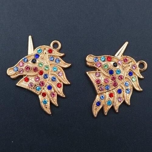 WKOUD 6pcs Kc Gold Handmade Rhinestone Unicorn Charm Vintage Necklace Bracelet DIY Metal Jewelry Alloy Pendants A1701