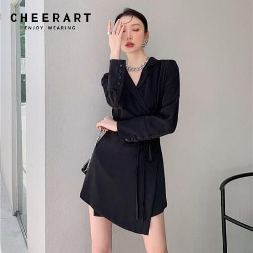 CHEERART Black Long Sleeve Wrap Blazer Dress Women Summer Lace Up Asymmetrical Ladies Mini Dress 2021 Fashion Women Clothing