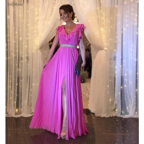 Chiffon Fuchsia Evening Dresses Long A Line Split V Neck Rhinestones Beading Belt Ruffles Pleated ladies gown abendkleider 2019