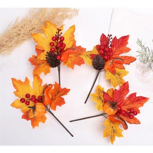 Artificial Pumpkin Berry Pine Maple Leaf Cone Branch Silk Flowers Christmas Halloween Hanging Wall Decor Harvest Festival Props
