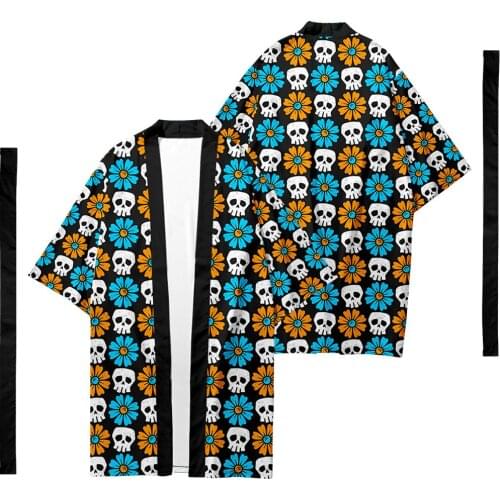 Oversize 6XL Floral Skull Printed Long Style Japanese Kimono Cardigan With Belt Couple Women Men Casual Asian Clothes Harajuku