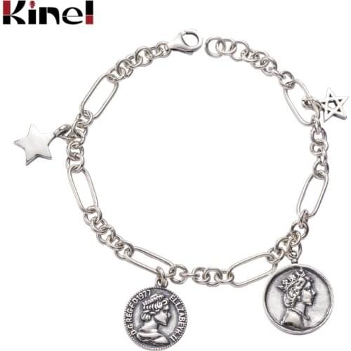 Kinel 925 Sterling Silver Korean Style Vintage Old Coin Portrait Pentagram Hand Bracelets Bangles For Women Jewelry