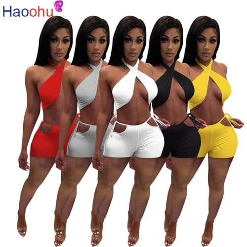 HAOOHU Two Piece Set Women Summer Sweat Suits Halter Crop Top Bandage Hollow Biker Shorts Sexy Night Club Outfits Matching Sets