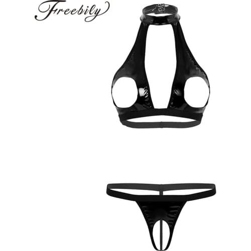 Women Lingerie Set Sexy Underwear Wet Look Faux Leather Halter Neck Hollow Out Bust Bra Top with Crotchless G-string Briefs