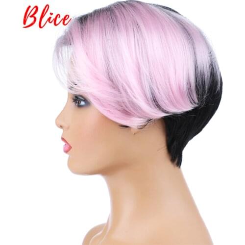 Blice Short Straight Synthetic Wigs 8 Inch Natural Mix Color Wig FT1B / Pink Left-Side Bang For African American Women Wig