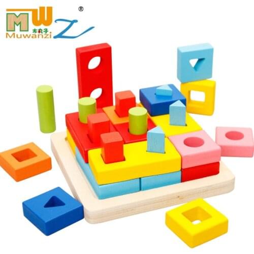 Montessori Material Colorful Wooden Shapes Match Games Geometry Pillars Blocks For Kids
