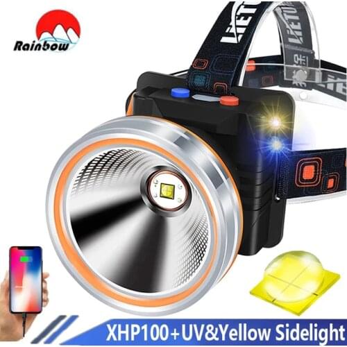 300000LM XHP100 Powerful 3in1 UV Led Headlamp Waterproof Headlight USB Rechargeable Ultraviolet Lamp Outdoor Camping Head Torch