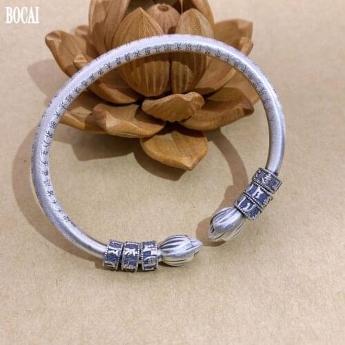 BOCAI New Real s999 Silver Jewelry Fashion Ethnic Style Bracelet Woman Retro Heart Sutra Good Luck Opening Lotus Woman Bracelet