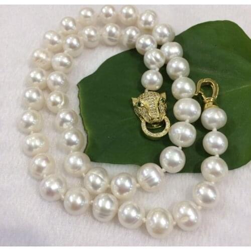 NEW Freshwater pearl white pearl 9-10MM necklace 18 " leopard clasp
