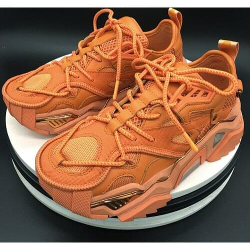 Orange Green Leather Mesh Sneakers Chunky Sole Flat Platform Shoes INS Fashion Trainers Womens Daddy Shoes Outdoor Walking Shoe