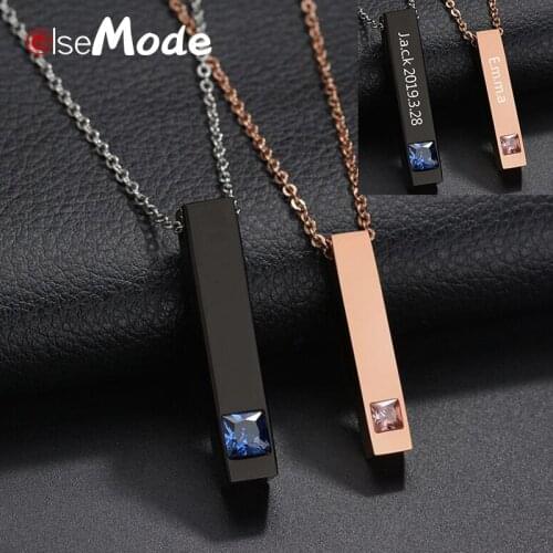 ELSEMODE Stainless Steel Custom Engraved Black Rose Gold Name Date Bar Necklace Women Men Lover Personalized Necklaces Jewelry