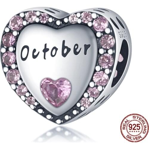 Genuine 925 Sterling Silver Purple Love Heart-shaped October Fit Original 3mm Bracelet&Bangle Making Fashion DIY Jewelry For Wom