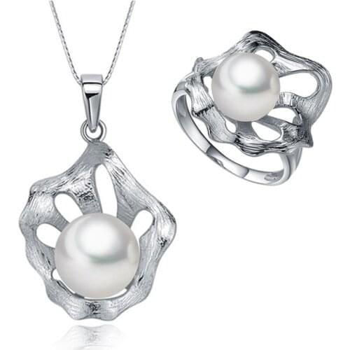 Sinya necklace and ring jewelry set for women in 9-10mm Natural freshwater pearls + 925 sterling silver Hot sale TZ09047PN