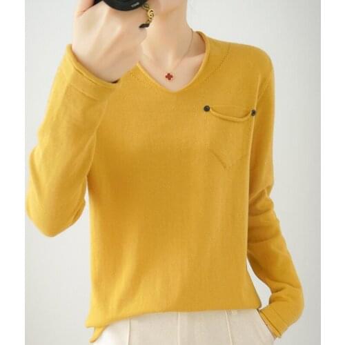 2021 Hot New Product V-neck Full Sleeve Sweater Solid Color Knitted Loose Comfortable 100% Cotton Sweater Home Stye spring