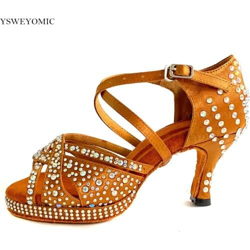Bachata Dancing Shoes Suede Outdole Brown Satin Medium Heel 7cm Platform Salsa Latin Dance Shoes With Stones For Women