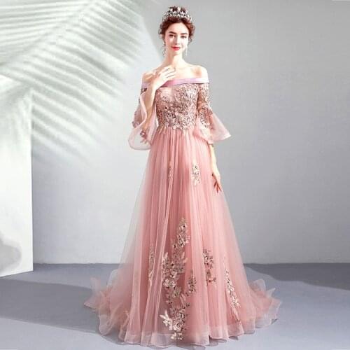 Evening Dresses A-Line Boat Neck Half Off The Shoulder Crystal Pearls Lace Tulle Embroidery Luxury Pink Women Formal Gown TS002
