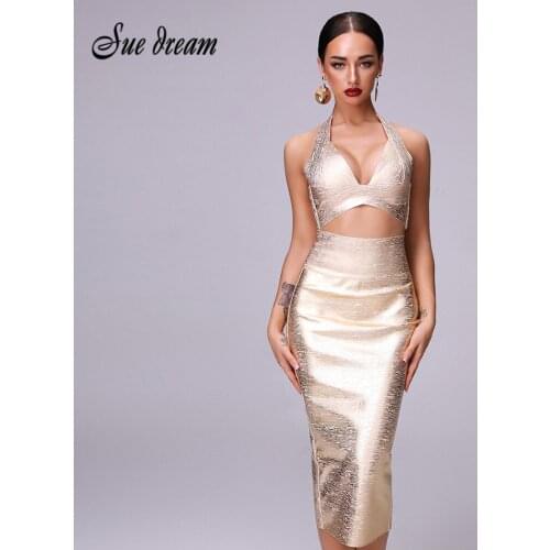 High Quality Autumn 2 Two-piece Bandage Dress 2020 New Sexy Gold V-neck Cross Top And High Waist Bandage Christmas Dress