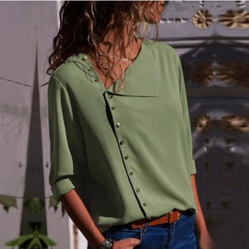 Women Tops Blouse spring Autumn casual oblique button Tops Female Casual Loose Long Sleeve V-neck Chiffon Blouses Elegant Boho