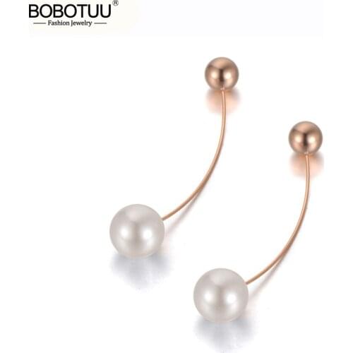 BOBOTUU Titanium Steel Geometric Double Beads Pearl Earrings For Women Bohemia Rose Gold Hyperbole Earring Jewelry BE19211